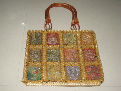 123 - Straw and Leather, 12x12x4 Inches, Multicolored Embroidery with Sequins | Handcrafted Quality, Spacious Interior, Leather Handles