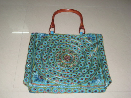 123 - Leather 12x12x4 Inches Blue, Zipper Closure | Embroidery and Sequin Work, Wood Handle, Spacious Interior