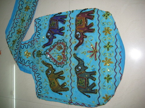 Rajasthani Bags - Cotton, 12x12 Inches, Blue | Handcrafted Drawstring, Sequins Embroidery, Patchwork, Adjustable Strap