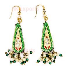 Lac Earrings - Lacquer, Pearl, 50mm, Green | Elegant Dangle Hook, Intricate Details, Adds Sparkle