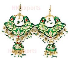 Lac Earrings - Lacquer 2x3 Inches, Green | Elegant Jhumka Design, Beaded, Hook Fastening