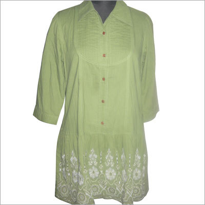 Trendy Ladies Top - Cotton, Multiple Sizes, Light Green | Embroidered Pattern, 3/4 Sleeves, Comfortable Fit