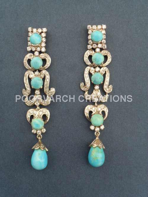 Handcrafted Silver Plated Earrings - 2-3 Inches, Silver Plated with 22k Gold, Turquoise and Zircon Stones, Post with Push Back