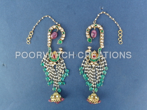 Kundan Earings (MAYURA) - Silver, 7-8 cm, Green Onyx & Rubylite | Handcrafted, 22k Gold Plated, Post Push Back