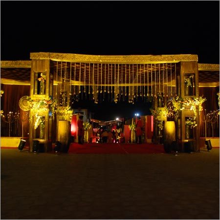 Resorts - Metal And Fabric, Variable Dimensions, Gold | Elegant Design, Grand Entrance, Integrated Lighting, Event Enhancement