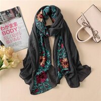 Black With Sea Green Embroidery Viscose Embroidered Scarf Manufacturer