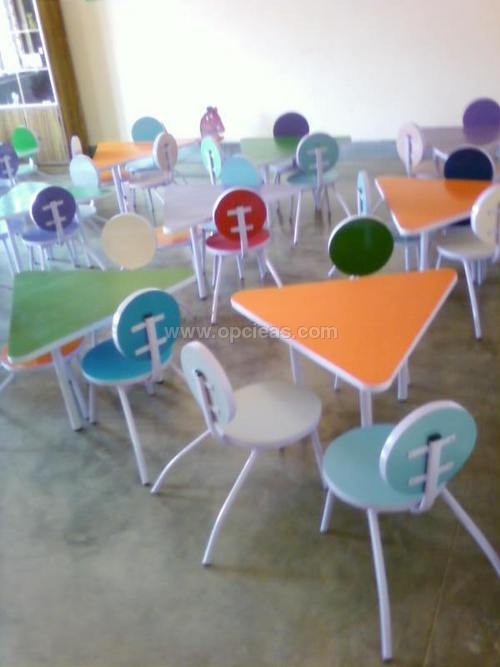 Triangular desk with chairs