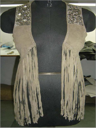 Ladies Frilled Vestcoat - Suede Leather, Taupe, S-XL | Beaded Embellishment, Fringe Detail, Stylish Comfortable Design