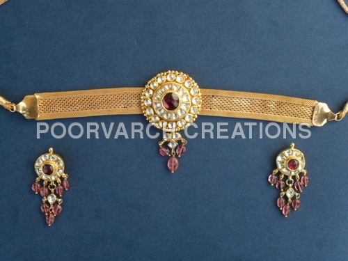 Kundan Necklace Set (SUNAHARI) - Silver Plated With 22K Gold, Adjustable Length | Handcrafted, Tourmaline Stones, Kundan Work, Hook Closure