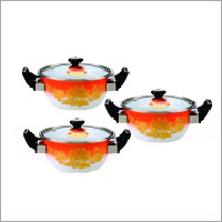Chintoo With Glass Lid - Enamel Bowl 1 Ltr Orange Glass Lid Black Plastic Handles Durable Elegant Design
