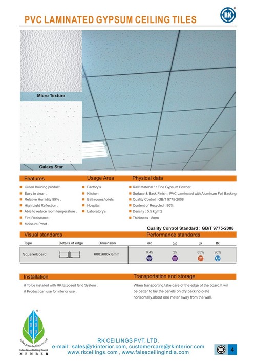 PVC Laminated Gypsum Ceiling Tiles