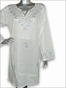 Women's Top - Cotton, Knee-Length, V-Neck, Long Sleeves | Aari Embroidery, Customizable, Comfortable Fit