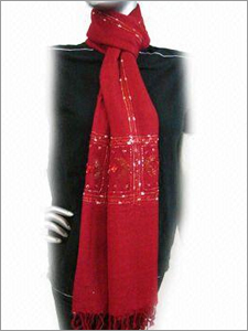 Wool Shawl with Fancy Stripes and Tickly Work
