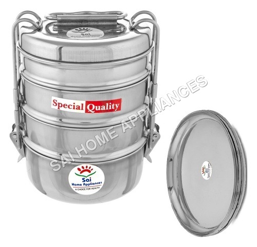 Tiffin Box With 4 Plate - Stainless Steel, 11x11x13.3 cm, Silver | Light Weight, Durable, Rust Proof Design for Office and School Use