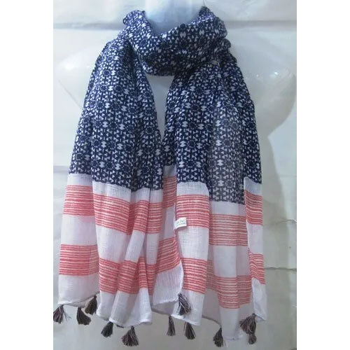 Voile Poly Printed Scarves with Fringes - Poly Voile, 70 x 180 cm, Blue, Paisley Floral Design | Suitable for Spring, Summer, and Winter Use