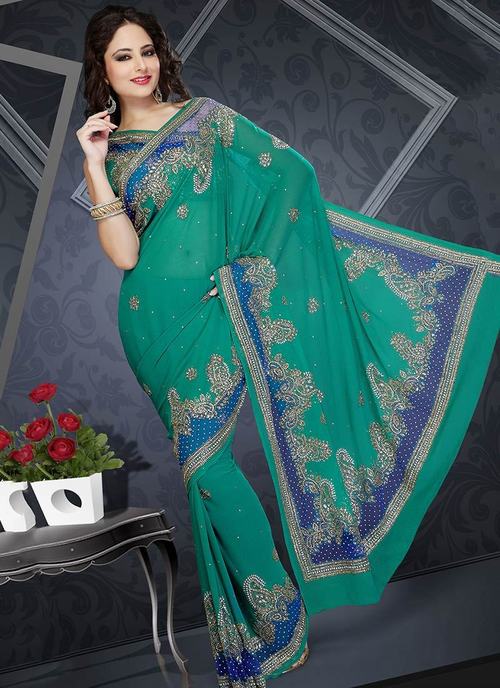 Sea Green Georgette Border Work Saree