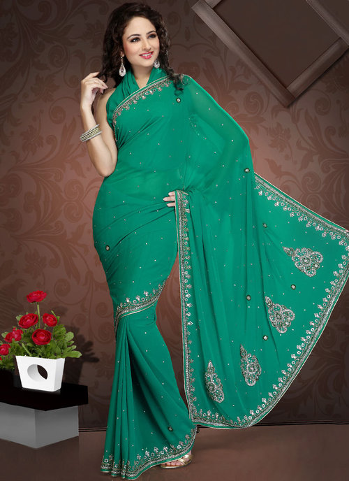 Awesome Sea Green Faux Georgette Saree