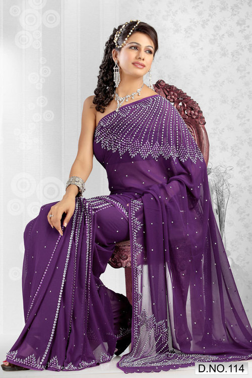 Purple Georgette Ready pleated Saree