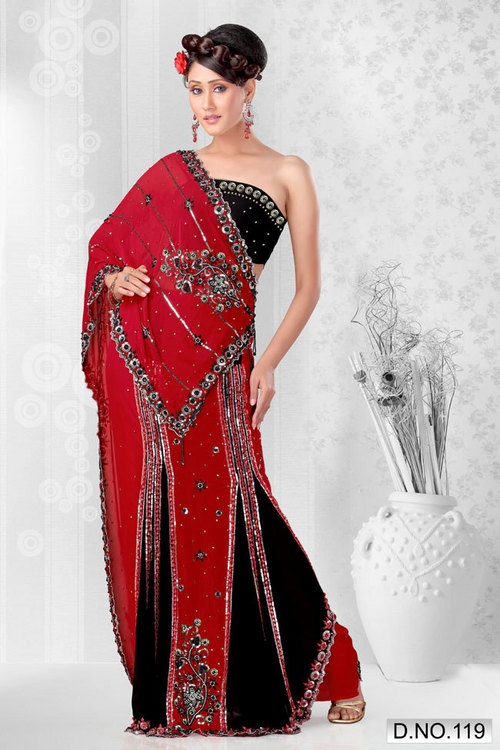 Red and black Lehenga Georgette Saree 