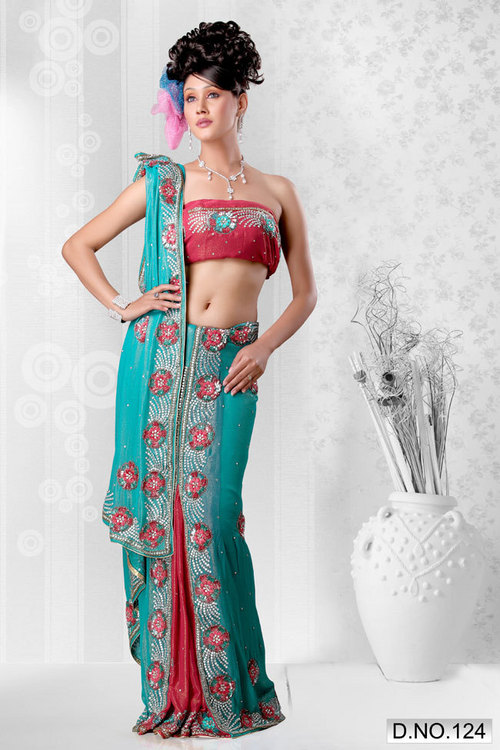 Blue Lehenga Shimmer Georgette saree