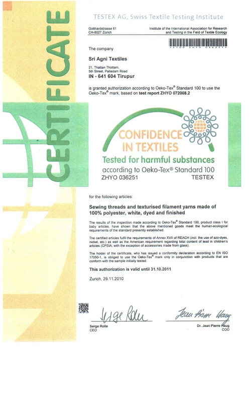 OEKO TEX 100 CLASS I CERTIFIED