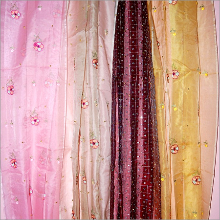 Designer Curtains - Organza Brochet, Pink, Variable Size | Hand Embroidered, Hand Brush Paint, Elegant Floral & Striped Pattern