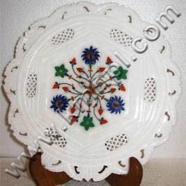 Marble Plate - 12 Inch Round Polished Marble with Floral Design Durable Material Easy Cleaning Intricate Detail Versatile Use