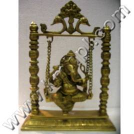 Brass Lord Ganesha - Brass Sculpture, Variable Dimensions , Golden Color, Polished Finish, Intricate Detail, Traditional Style, Swing Design