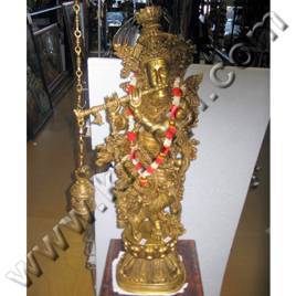 Brass Lord Krishna - Brass Material, Golden Color, Wooden Base | Intricate Details, Polished Finish, Traditional Style, Spiritual Decor