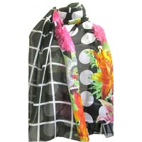 Flower Printed Voile Pario - 100% Voile, 100 X 180 Cm , White & Pink Floral Design For Women