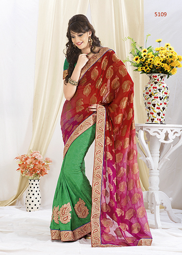 Sarees Manufacturer Surat India - Silk Blend 5.5m x 1.1m, Red Green, Gold Thread Embroidery | Elegant Design, Unique Style, Wedding Party Festive Wear