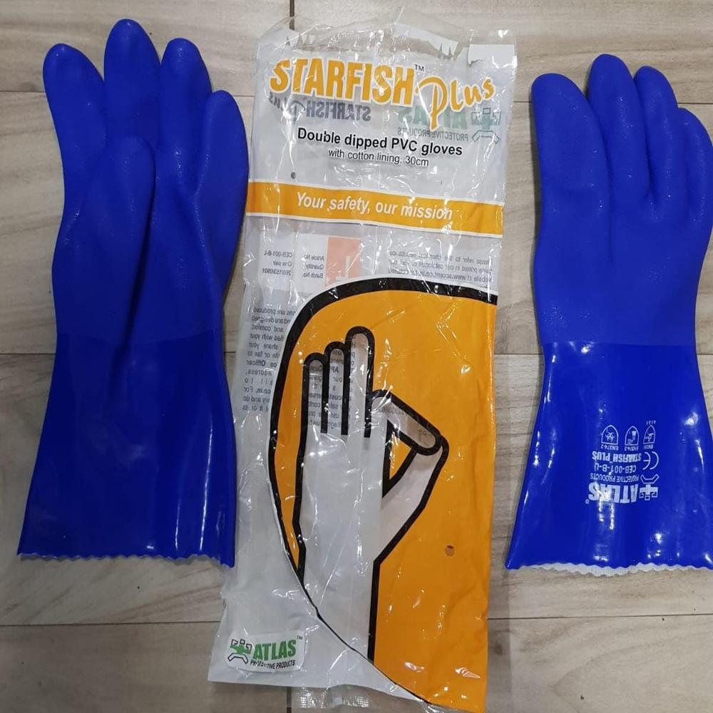 PVC Safety Gloves - Cotton Over Nitrile Coated, 12" Full Finger , Breathable, Washable, Rubber Cuff, Interlock Lining, Knit Wrist, Ideal for Chemical, Mining, Fertilizer, Pharmacy, Forging, Casting Industries