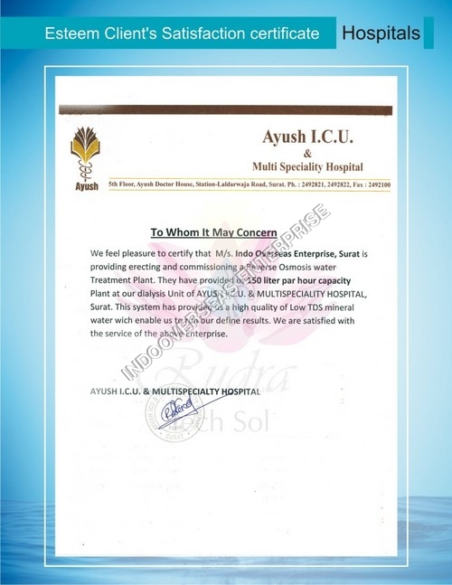 Satisfaction letter of Ayus I.C.U & Hospital