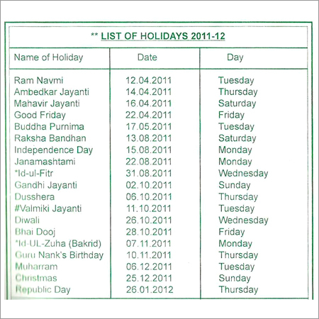 List of Holidays