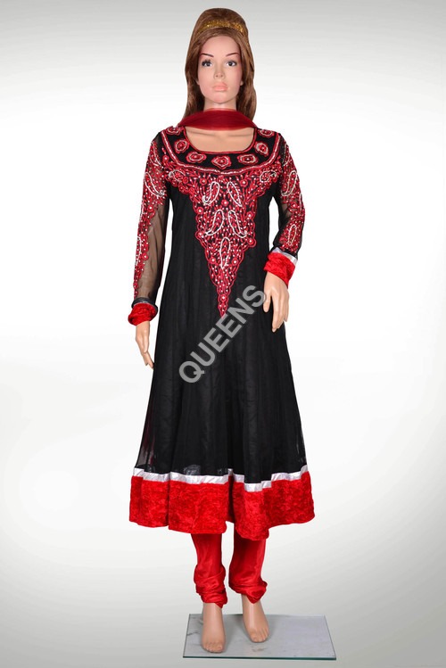 Traditional Salwar Kameez - Silk Anarkali Suits, Black with Embroidered Lace and Sequin Detail, Available in Full Sleeves Sizes S to XL