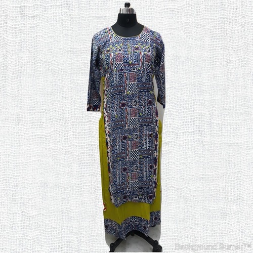 Printed Kurti - Rayon Material, Size L, Green Color, Long Sleeve Style | Features Embroidered Logo, Beads, Laces, Sequins Decoration, Summer Wear