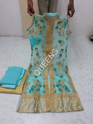 Ready Made Punjabi Suit - Silk, XL, Light Blue | Embroidered Long Sleeve Salwar Kameez with Laces, Ribbons, and Sequins