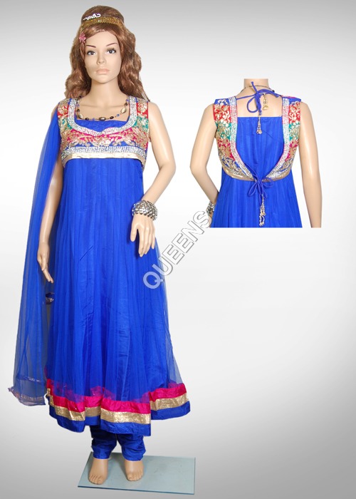 Embroidered Chudidar Salwar Kameez - Silk, XL Size, Blue Color | Sleeveless Design, Laces & Ribbons Decoration, Winter Wear for Women