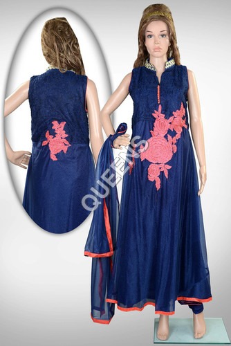 Anarkali Suit - Silk Material, Sizes S to XL | Navy Blue with Lace and Ribbon Embroidery, Lightweight and Easy to Wash