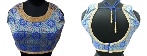 Backless Blouse - Silk, XL, Blue | Embroidered Sleeveless Design with Charming Patterns for Ethnic Style and Comfortable Fit