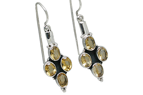 Citrine Earring - Sterling Silver 1.25 Inch Yellow, Handmade Oval Faceted Stones, Oxidized Detail