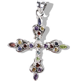 Multi-Stone Pendant - Sterling Silver, 2 Inch, Multi-Color | Handcrafted Sparkling Cross, Faceted Stones