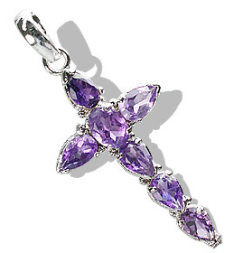 Amethyst Pendant - Sterling Silver, 2.0 Inch, Purple | Hand-Made, Rhodium Polished, Faceted Stones, Cross Design