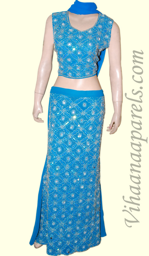 Blue Fox Georgette Aline Embroidery Lengha - Faux Georgette/Crepe, Blue | Elegant Aline Style, Wedding Embroidered Design, Perfect Fit, 1500g