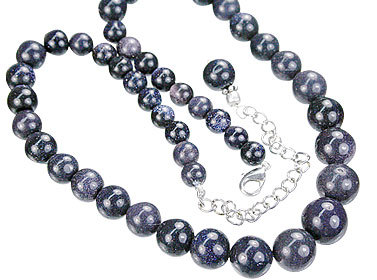 Goldstone Necklace - Goldstone and Silver, 16-19 Inches, Blue | Graduated Beads, Lobster Clasp, Adjustable Length, Sparkling Stones