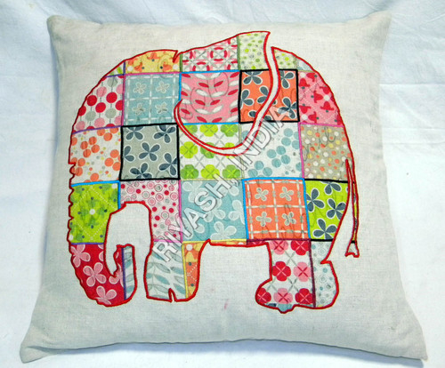 Designer Elephant Patchwork Cotton Cushion Cover 