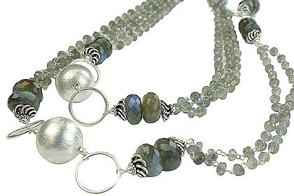Labradorite Necklace - Labradorite Silver, 40 Inches, Green/Gray, Three Strands, Faceted Rondelle Beads