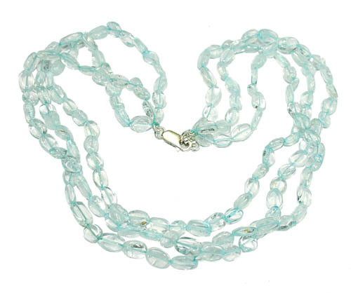 Aquamarine Necklace - 15-18 Inch Blue Aquamarine, 8mm Beads, 92.5 Silver Clasp | Three Strand Elegant Design