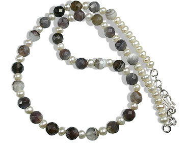 Pearl/Onyx Necklace - 19.5 Inch, Gray/White Pearl Onyx, 5-7 mm Beads, S Hook Clasp, Elegant Casual Wear