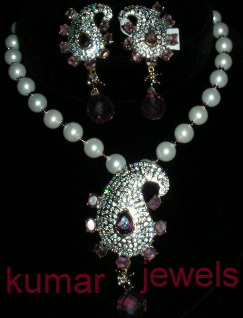 WHITE PEARL SET - Silver Alloy White & Pink CZ Stones | Elegant AMMBI Pendant Drop Earrings Party Wear